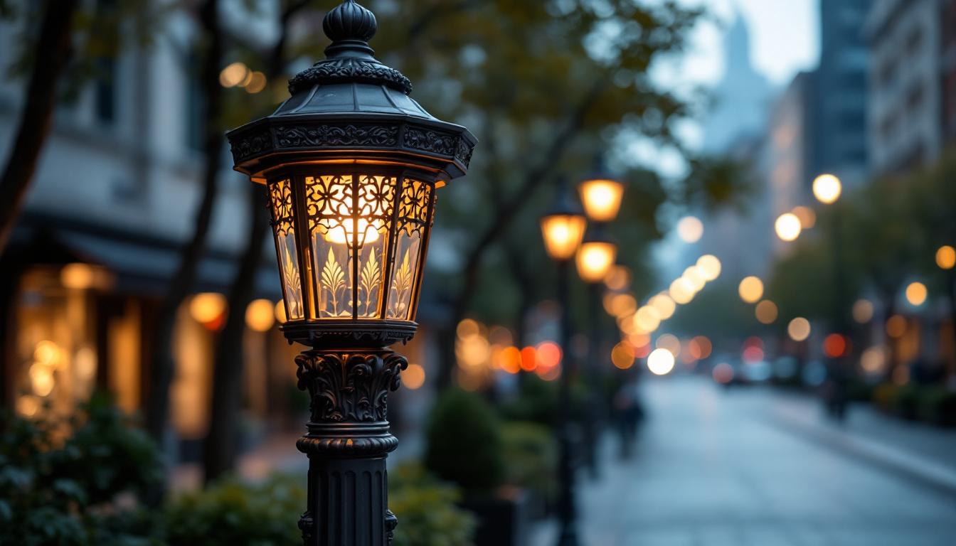 A photograph of a beautifully designed decorative light pole in an urban setting