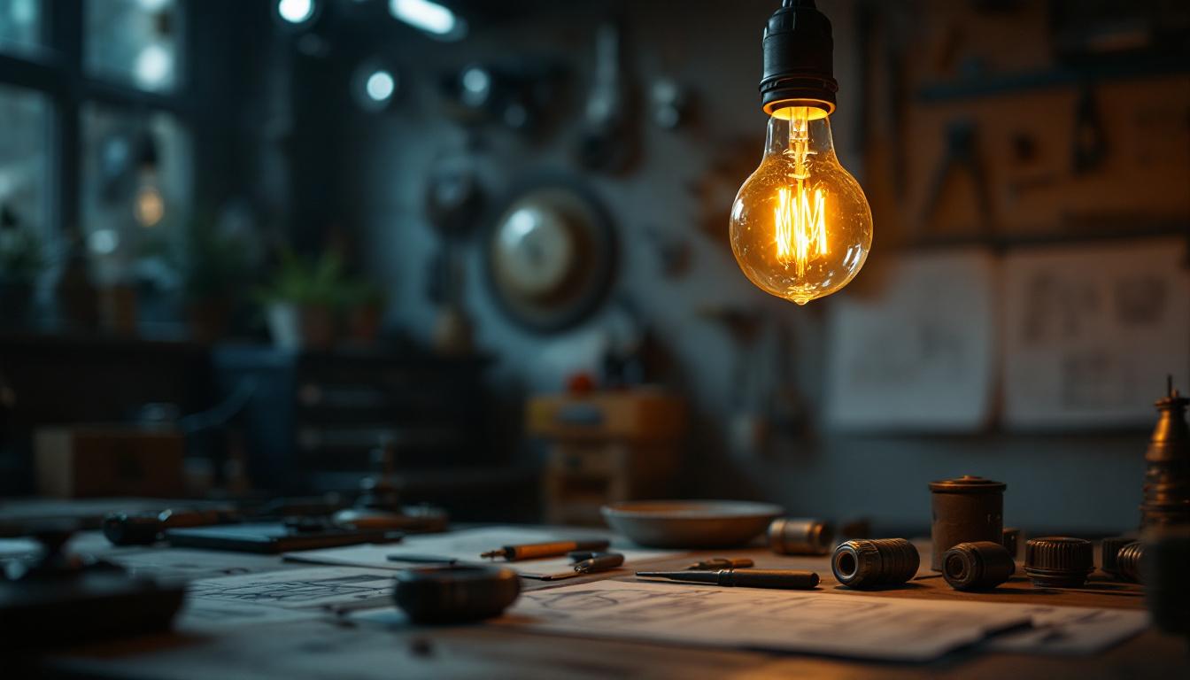 A photograph of a vintage light bulb glowing softly in a dimly lit workshop