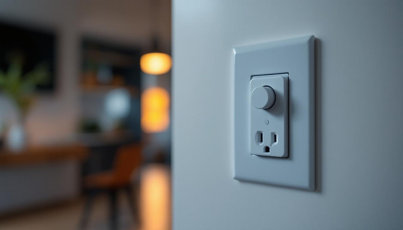 A photograph of a close-up view of a single circuit outlet in a modern home setting