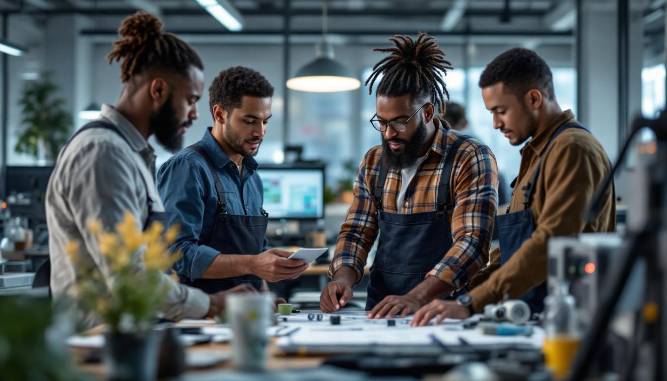 A photograph of a diverse group of electrical engineers collaborating on a project