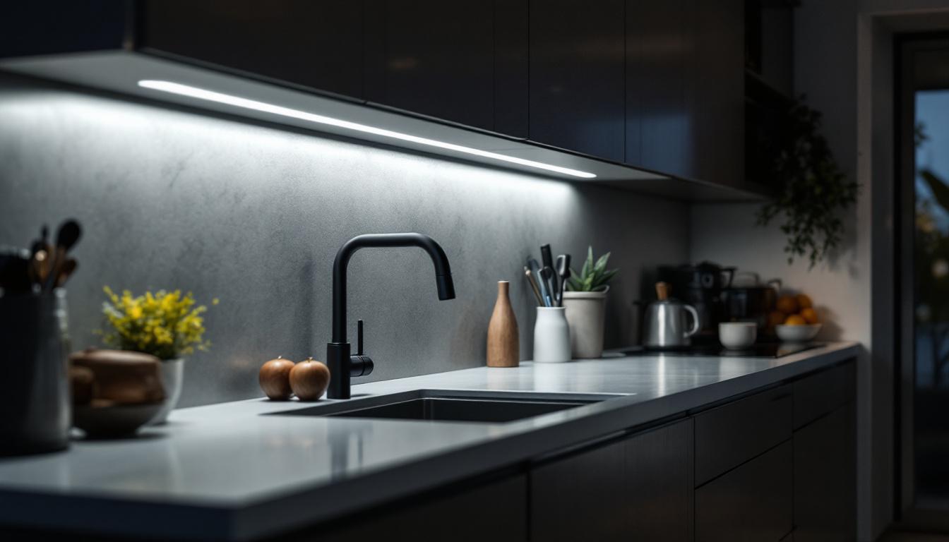 A photograph of a modern kitchen featuring sleek usb under cabinet lighting in action