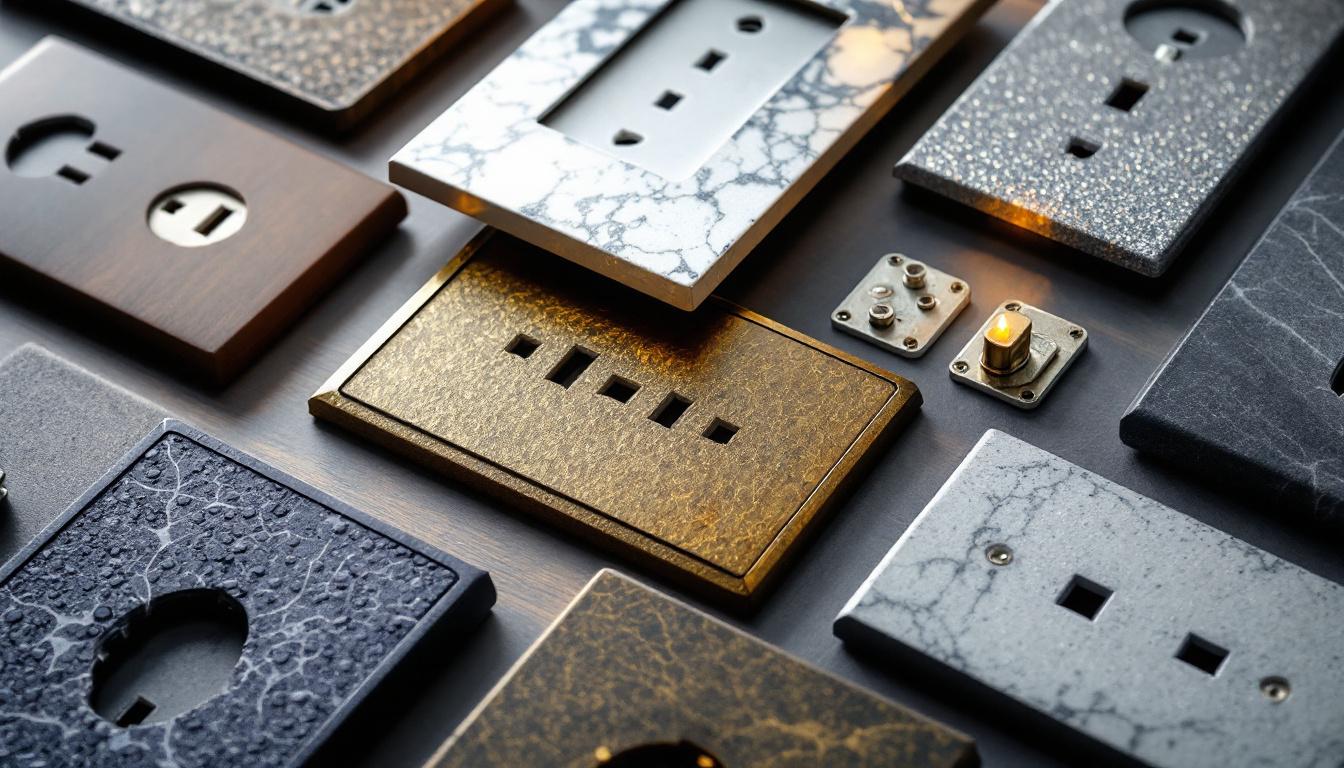 A photograph of a close-up view of various light outlet cover plates in different designs and materials