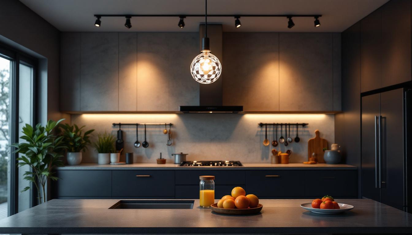 A photograph of a modern kitchen with an eye-catching ceiling light fixture