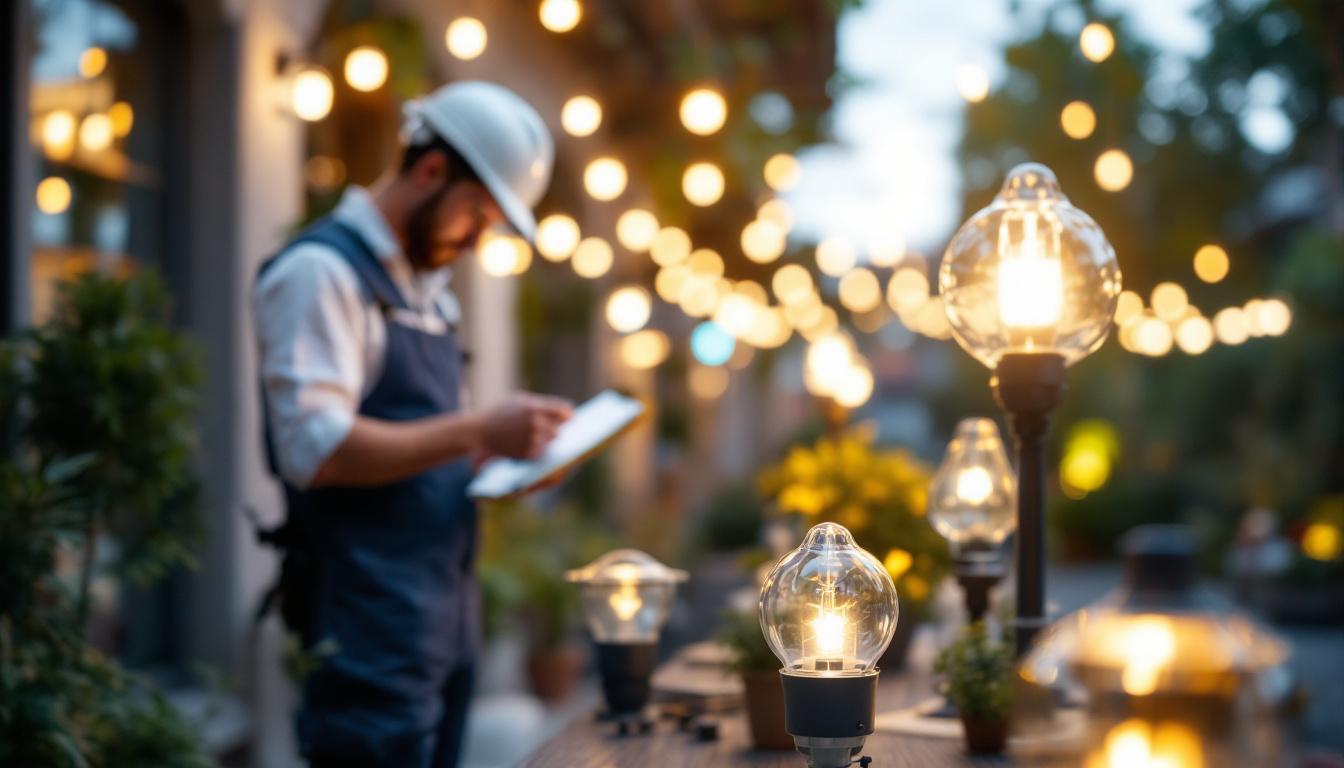 A photograph of a well-lit outdoor space showcasing various types of outdoor lights