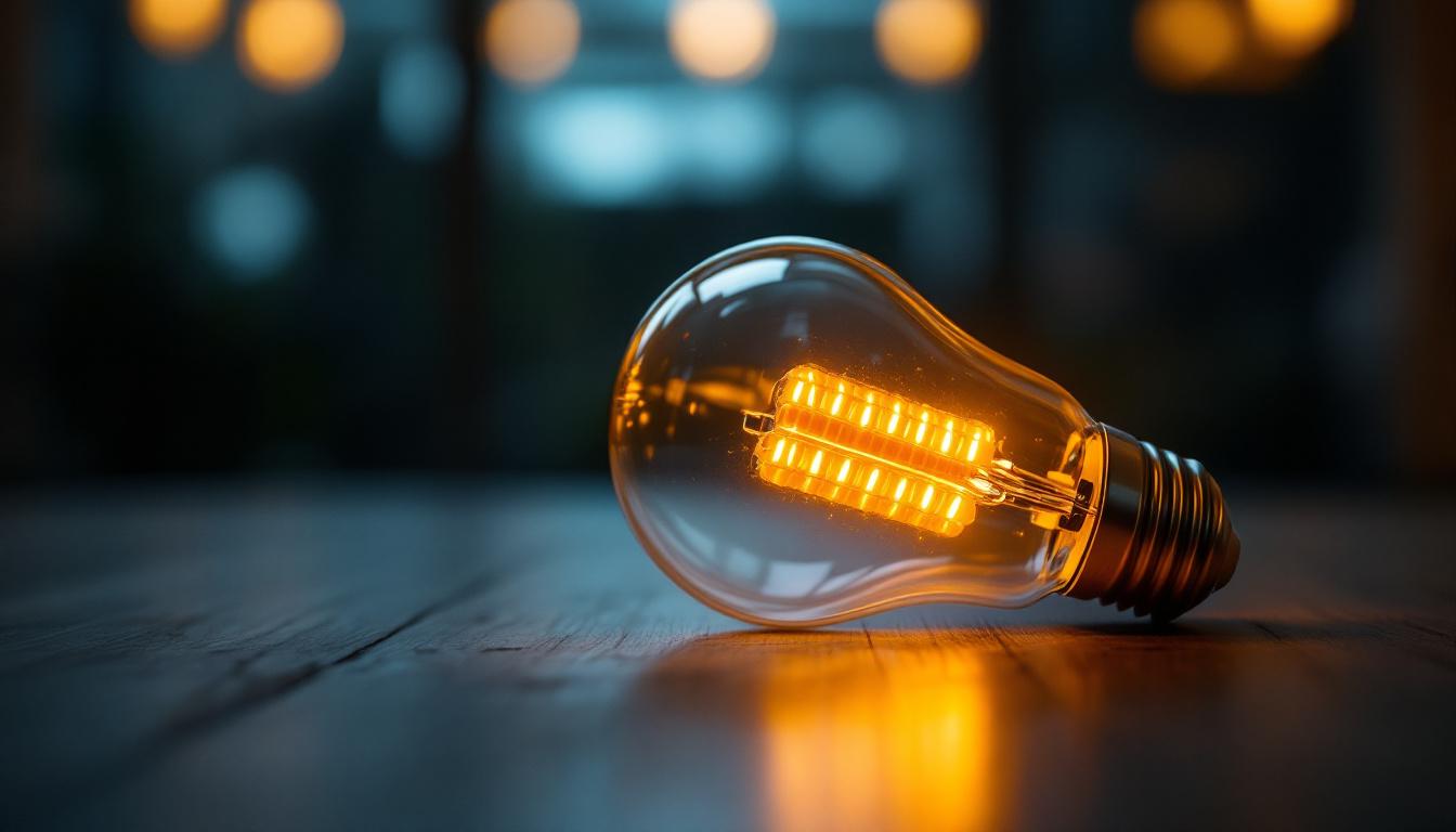 A photograph of a corn cob bulb illuminated in a modern lighting setting