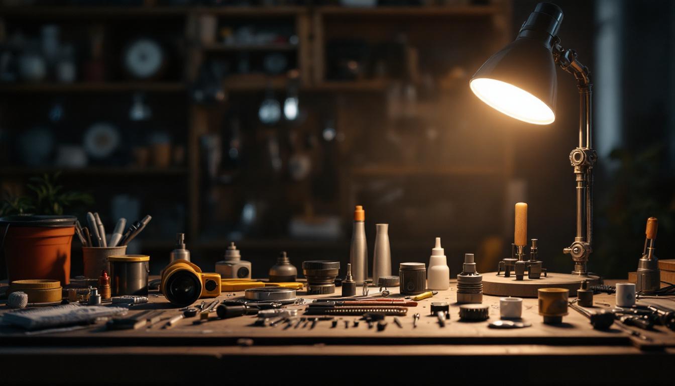A photograph of a well-lit lamp fixture kit displayed on a workbench