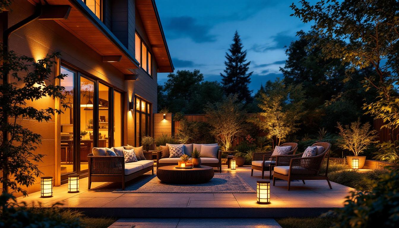 A photograph of a beautifully designed patio illuminated by solar power lights at dusk