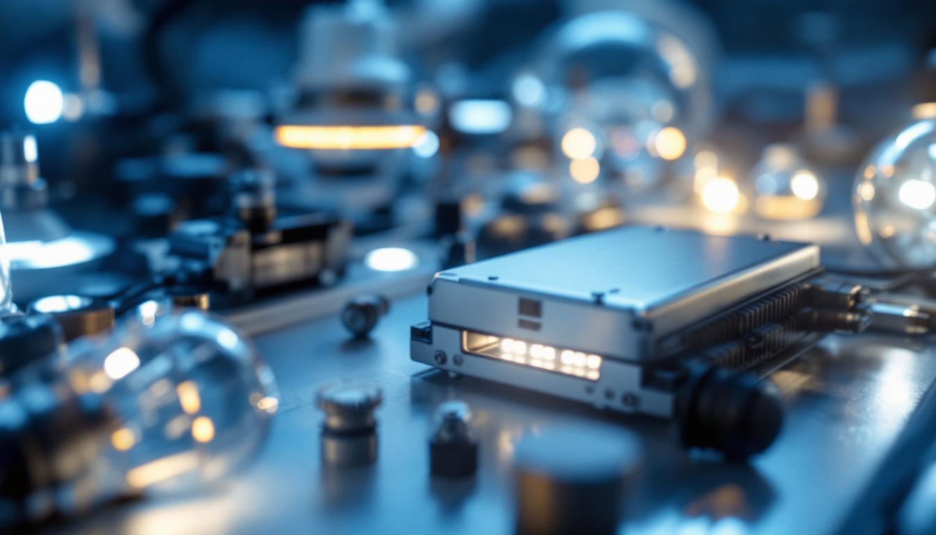 A photograph of a close-up of a modern lighting ballast alongside various types of light fixtures