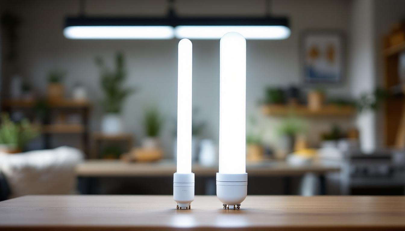 A photograph of a side-by-side comparison of t8 and t12 fluorescent tubes