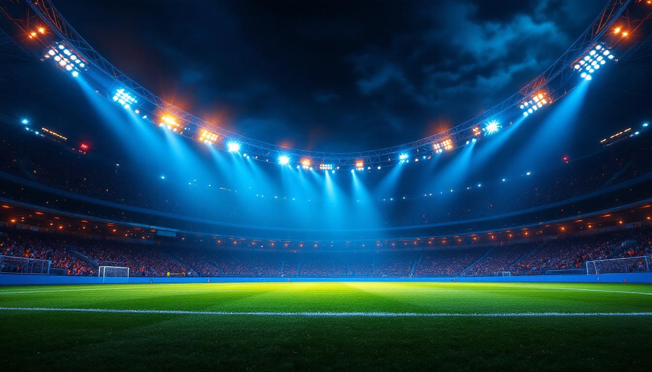 A photograph of a dynamic sports venue illuminated by innovative lighting designs