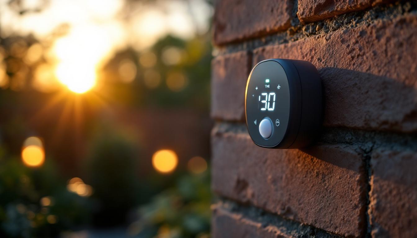 A photograph of a close-up shot of an outdoor light timer with a light sensor installed in a garden or patio setting
