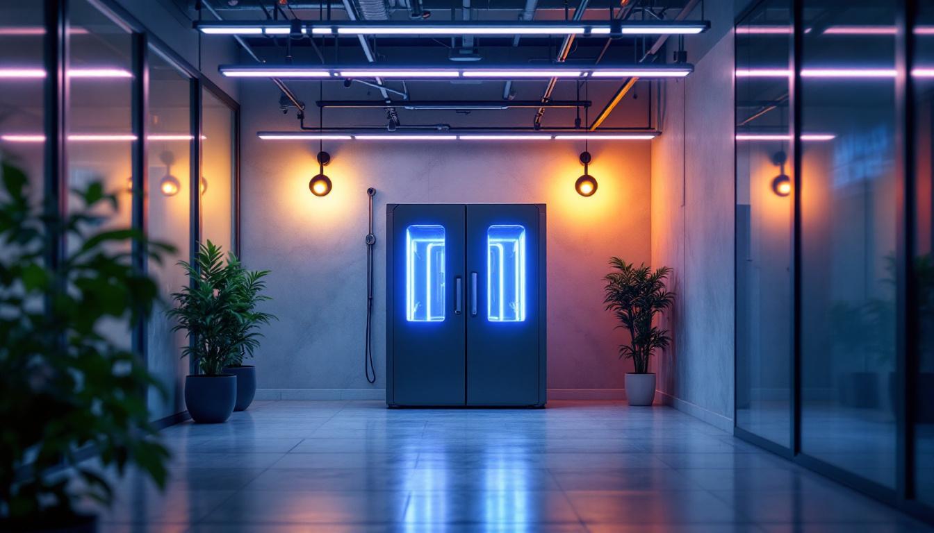 A photograph of a modern uv light room sterilizer in action within a commercial setting