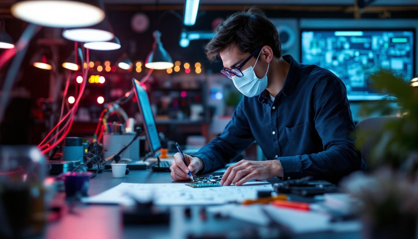A photograph of an electrical engineer working in a lab