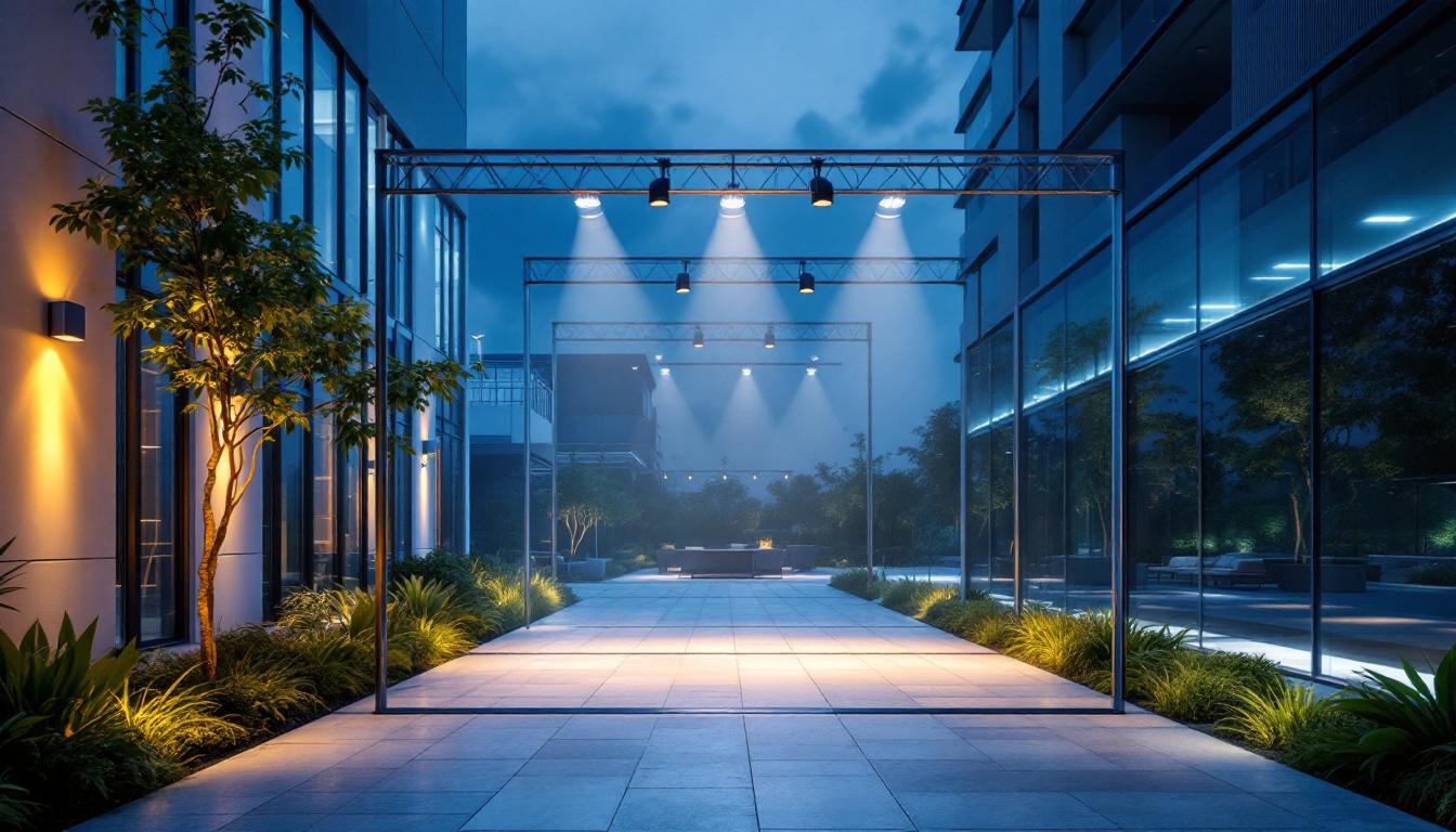 A photograph of a large-scale lighting installation featuring both hid and led lights in an outdoor setting