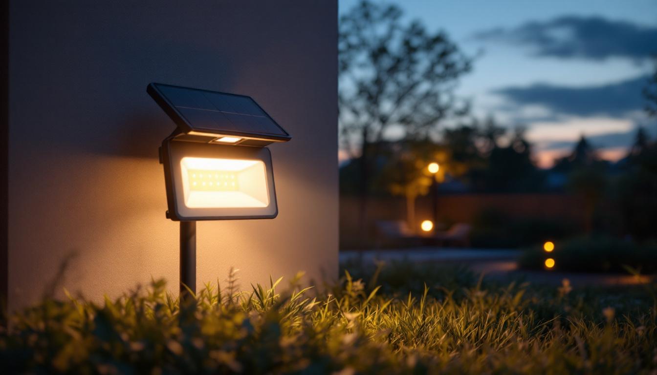 A photograph of a sleek solar-powered led flood light illuminating a modern outdoor space at dusk