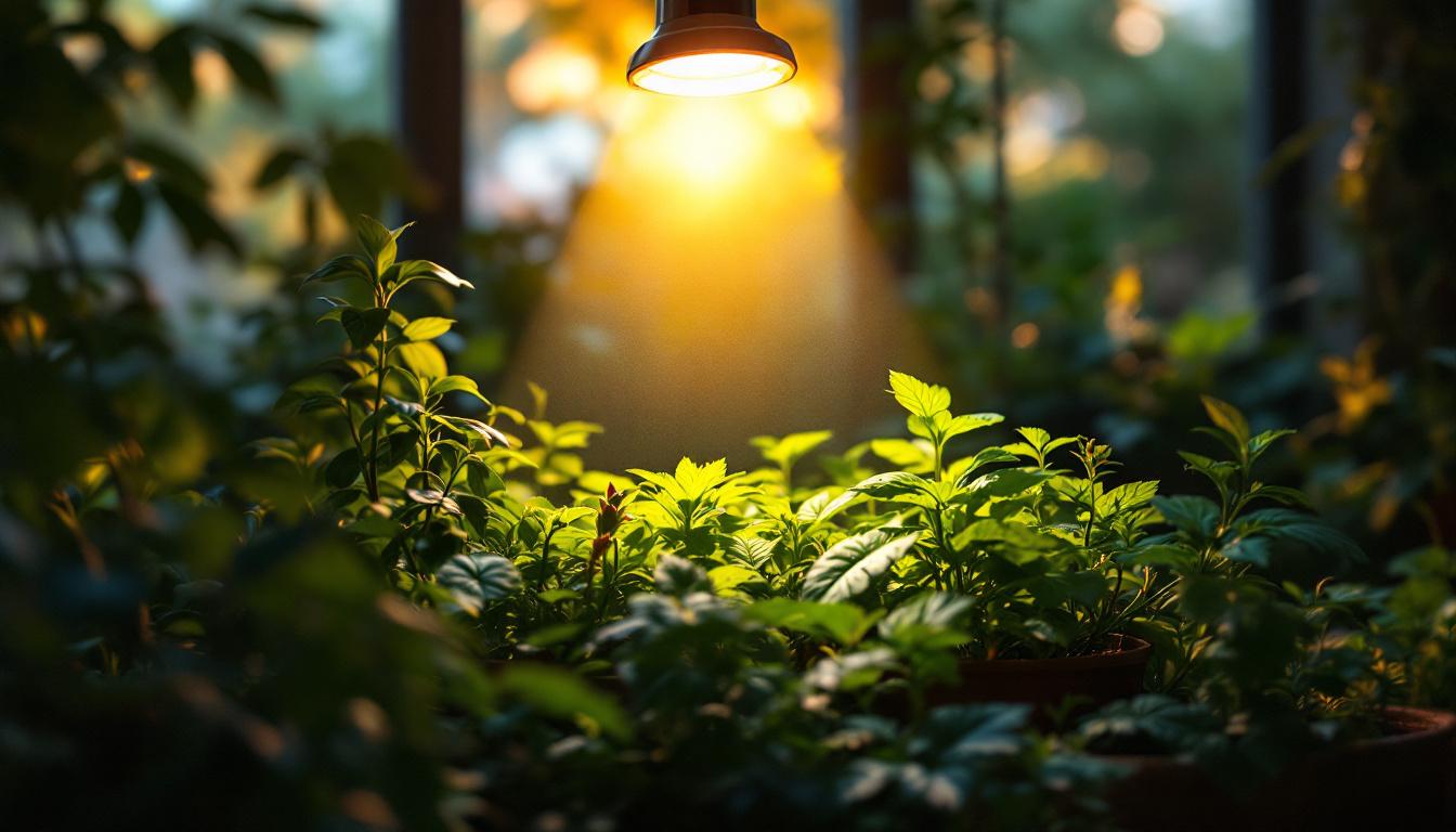 A photograph of a solar-powered plant light illuminating a vibrant indoor garden