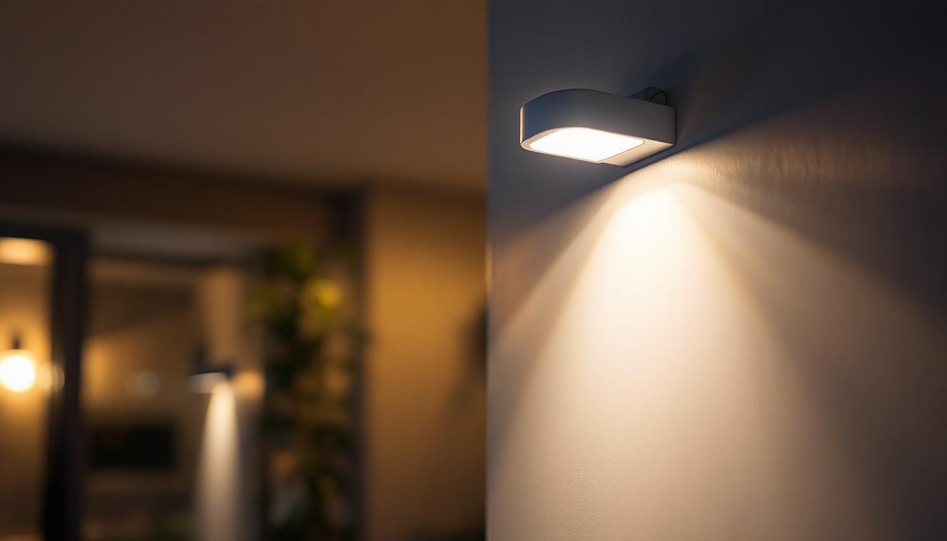 A photograph of a modern lighting installation featuring motion-activated led lights in a residential or commercial setting