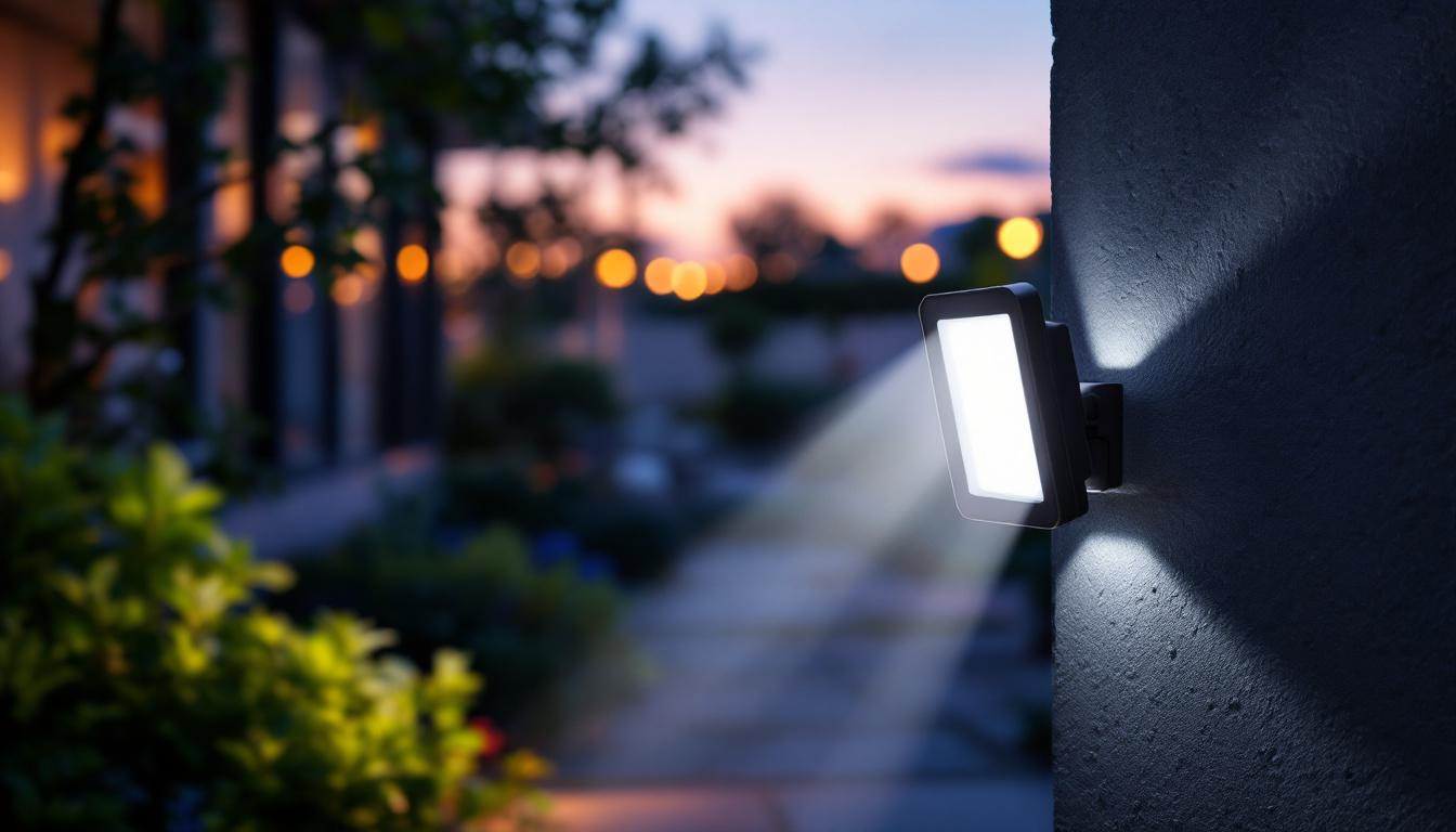 A photograph of capture a photograph of a sleek led floodlight with a motion sensor installed in an outdoor setting