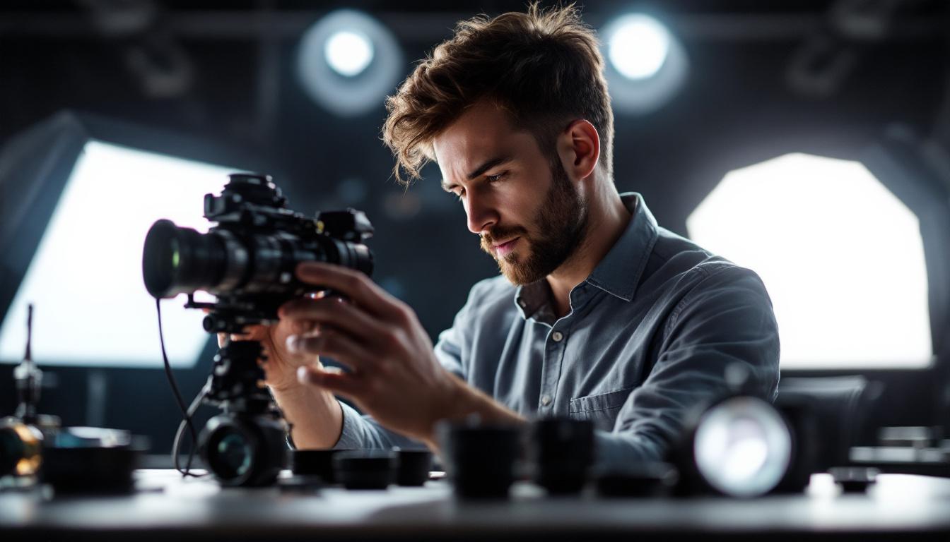 A photograph of a lighting engineer at work