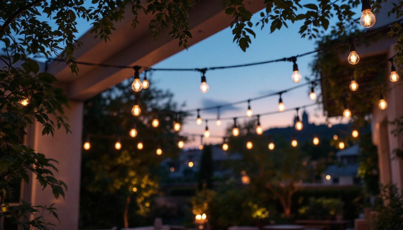 A photograph of a beautifully lit outdoor space featuring ceiling-mounted lights