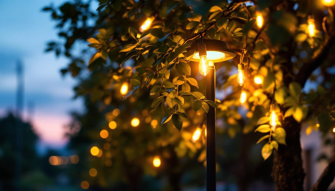 A photograph of a solar tree lighting installation at dusk