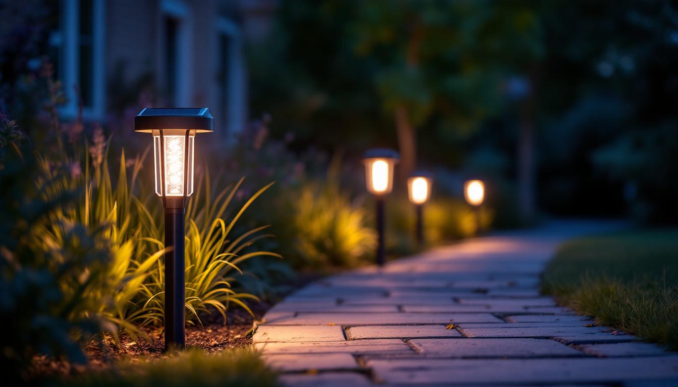A photograph of a beautifully lit outdoor scene showcasing solar post accent lights illuminating a pathway or garden