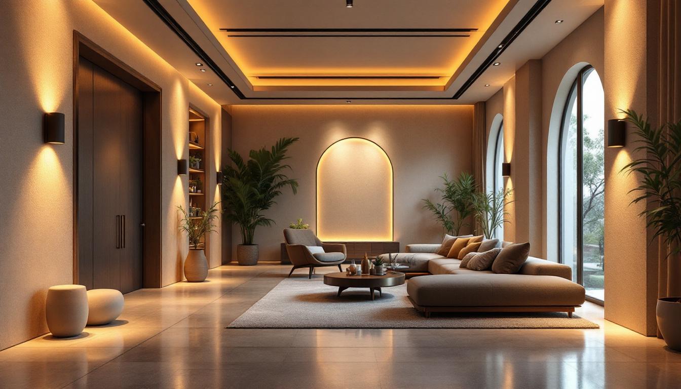 A photograph of a beautifully designed interior space featuring recessed lighting that highlights architectural details and creates a warm