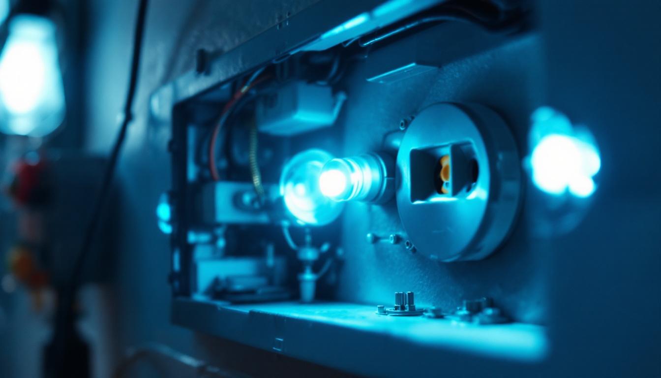 A photograph of a close-up view of an outlet box with various lighting fixtures and wiring