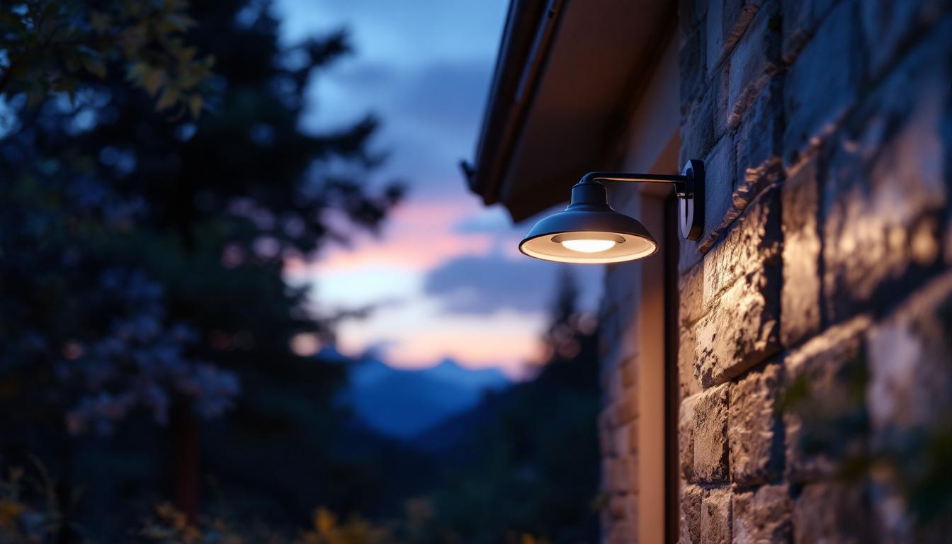 A photograph of a well-designed outdoor light fixture installed in a picturesque setting