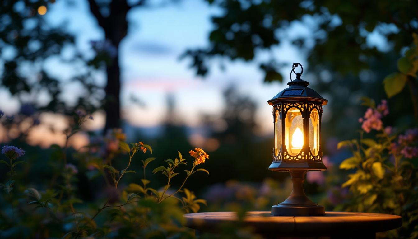A photograph of a beautifully designed outdoor solar-powered lantern illuminating a garden or patio setting at dusk