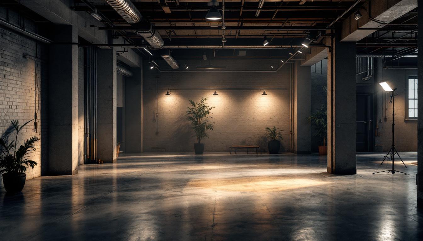 A photograph of a well-lit industrial basement space showcasing various lighting setups