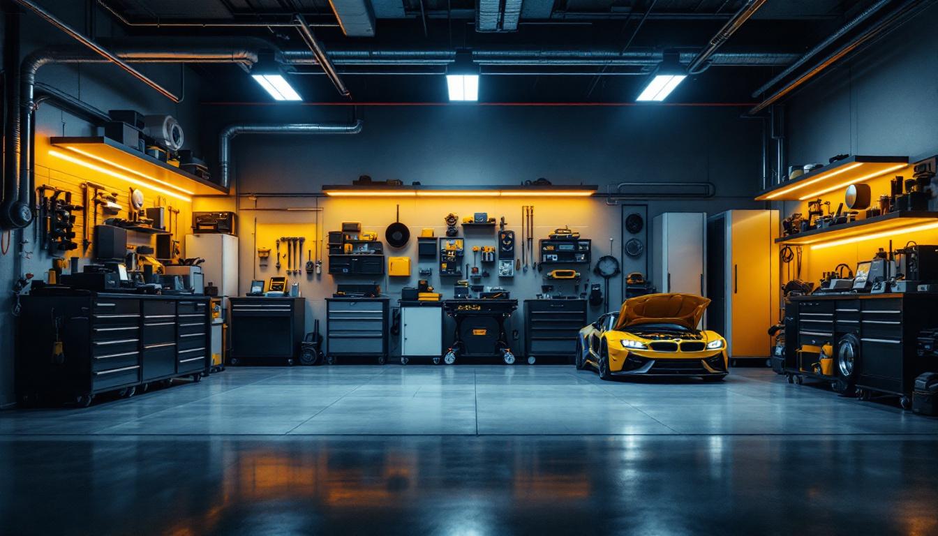 A photograph of a modern garage illuminated by innovative led lighting