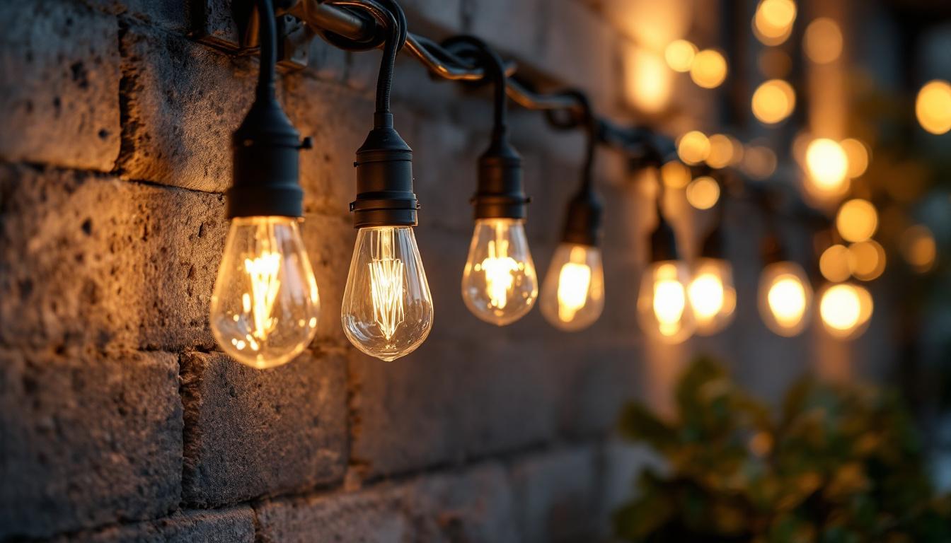A photograph of a well-lit outdoor lighting setup featuring various wire connectors