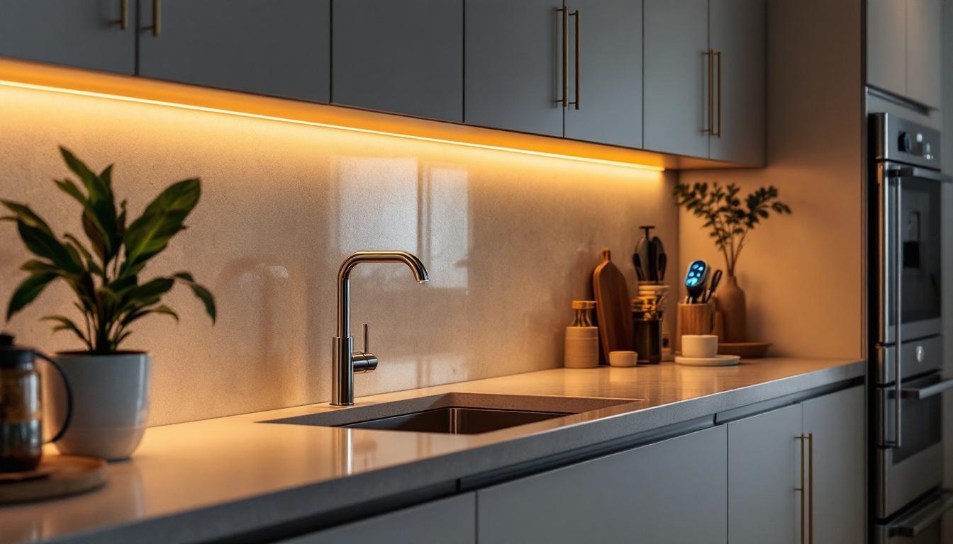 A photograph of a stylish kitchen featuring sleek under cabinet lighting