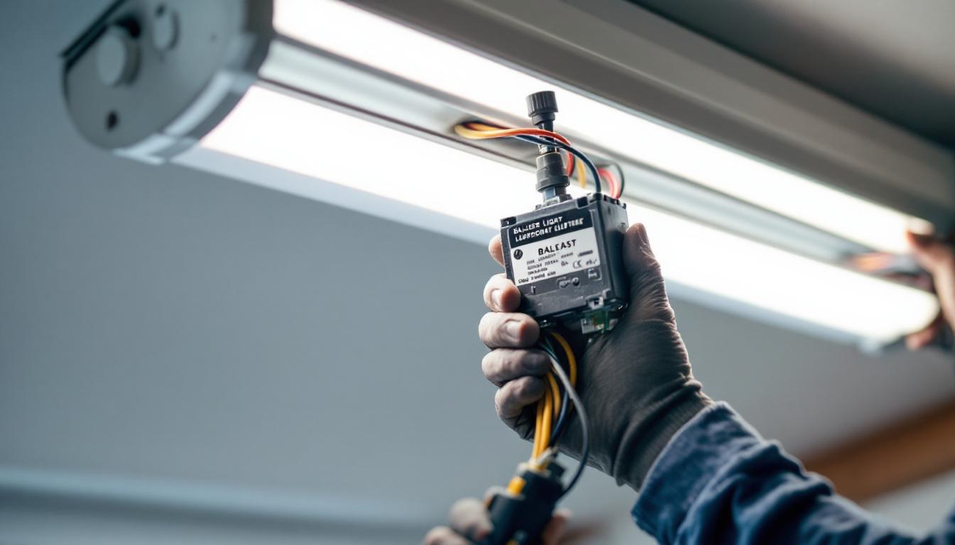 A photograph of a close-up view of a fluorescent light fixture being installed