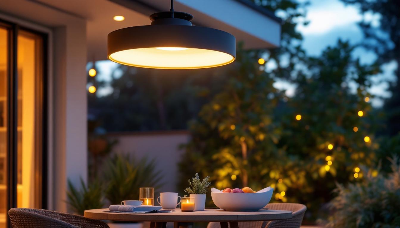 A photograph of a stylish outdoor ceiling mount light fixture illuminating a cozy outdoor seating area at dusk