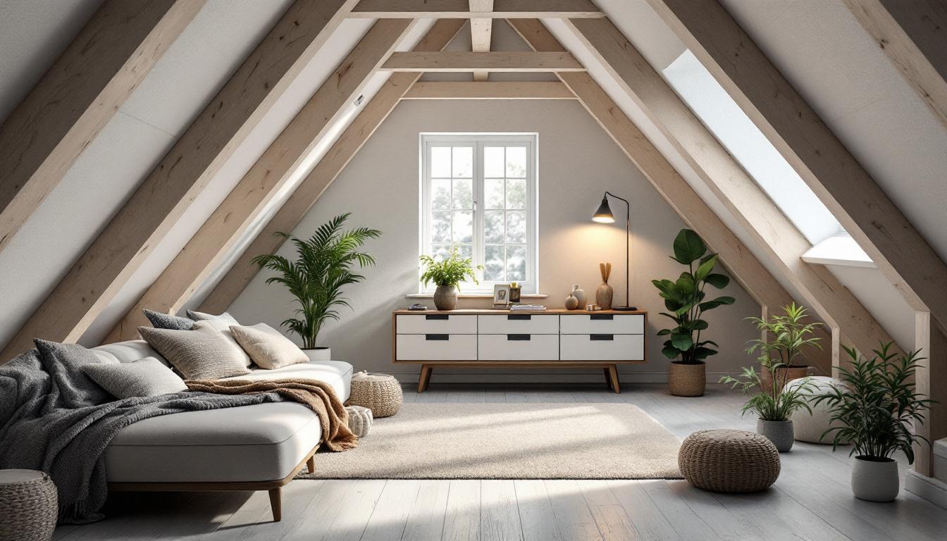 A photograph of a beautifully organized unfinished attic space featuring a variety of energy-efficient lighting options
