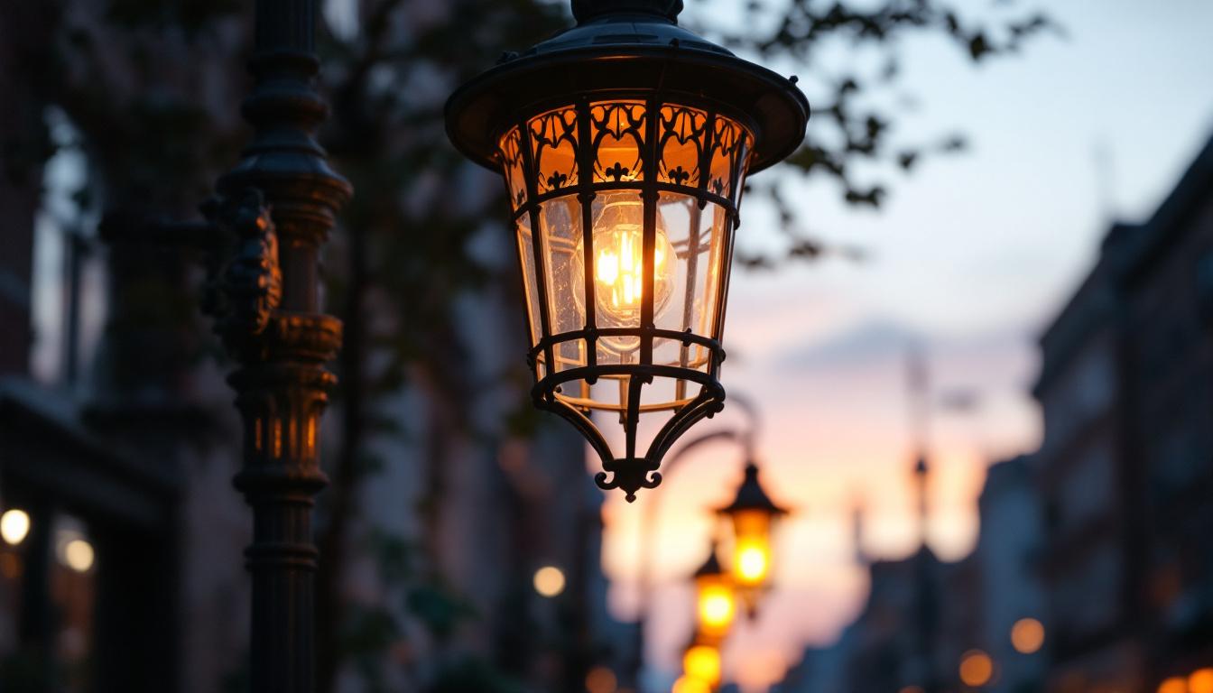 A photograph of a beautifully restored vintage light pole in an urban setting