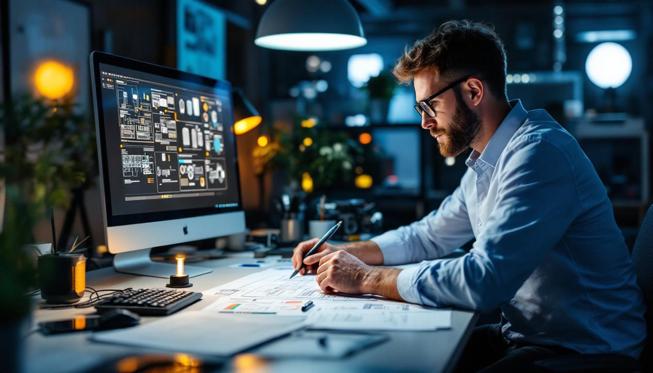 A photograph of a modern workspace where an electrical engineer is analyzing led lighting designs