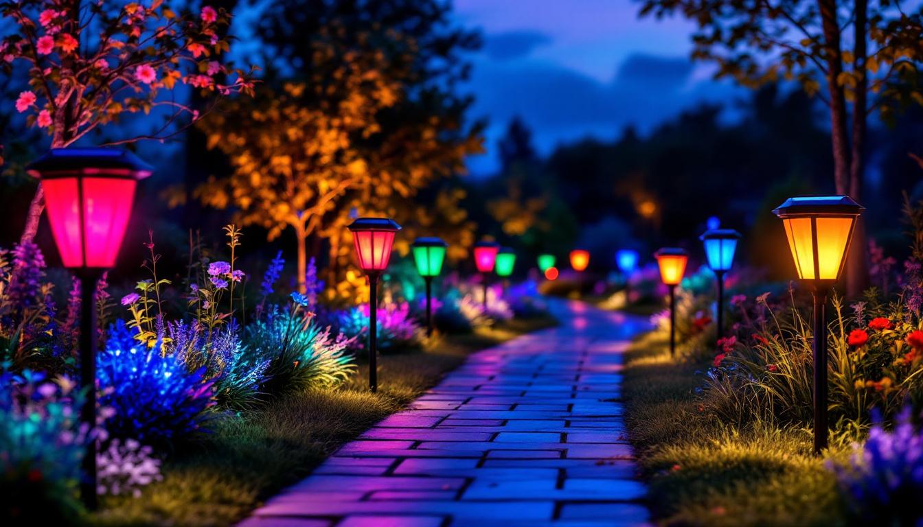 A photograph of a beautifully illuminated pathway featuring color-changing solar lights at dusk