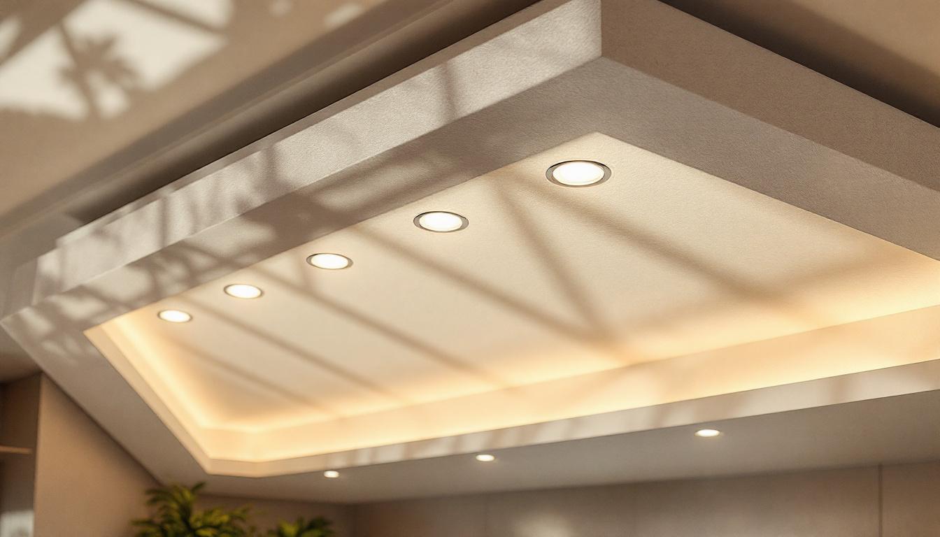 A photograph of a beautifully designed sloped ceiling featuring 4-inch recessed lighting in a modern space