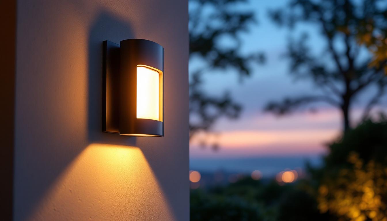 A photograph of a beautifully designed outdoor sconce illuminated at dusk