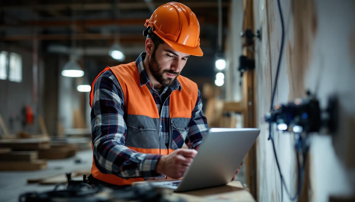 A photograph of a skilled electrical engineer working collaboratively with a contractor