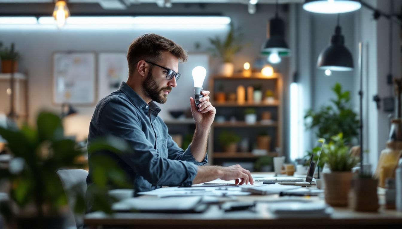 A photograph of a well-lit workspace showcasing 2 ft fluorescent light bulbs in use