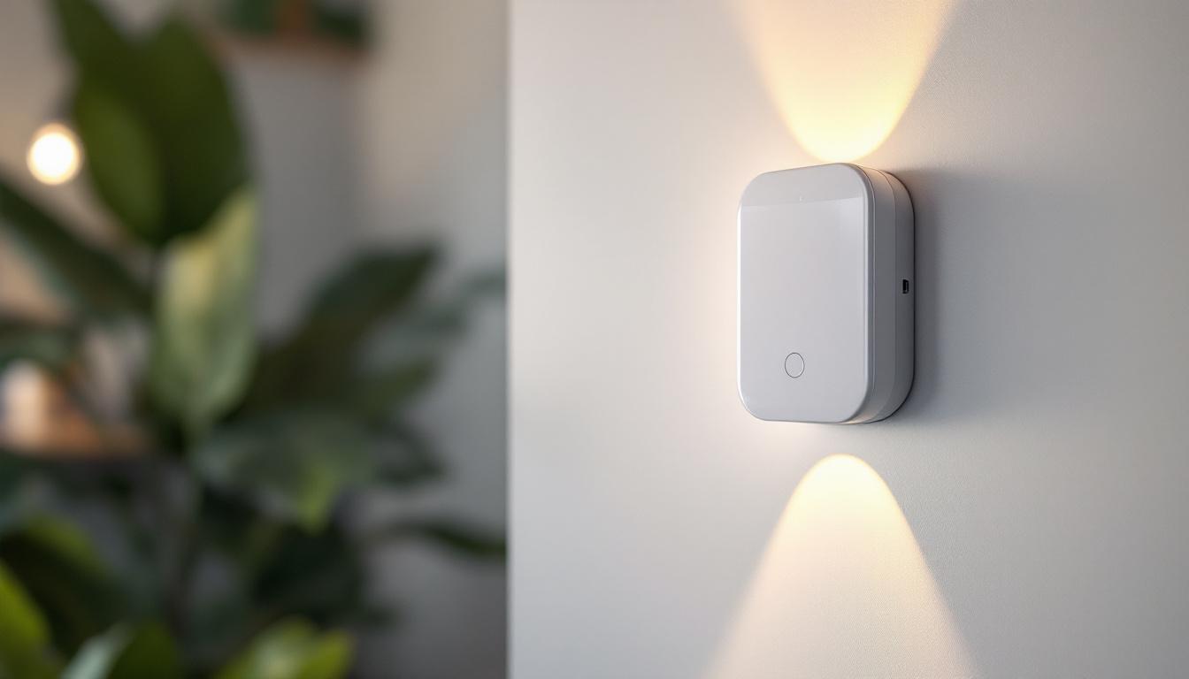 A photograph of capture a photograph of a sleek wall-mounted motion detector installed in a modern home setting