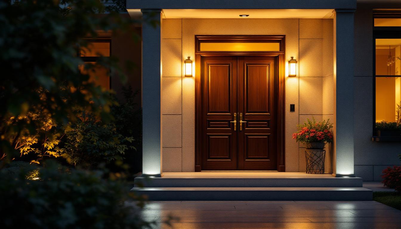 A photograph of a beautifully designed front door illuminated by compliant outdoor lighting