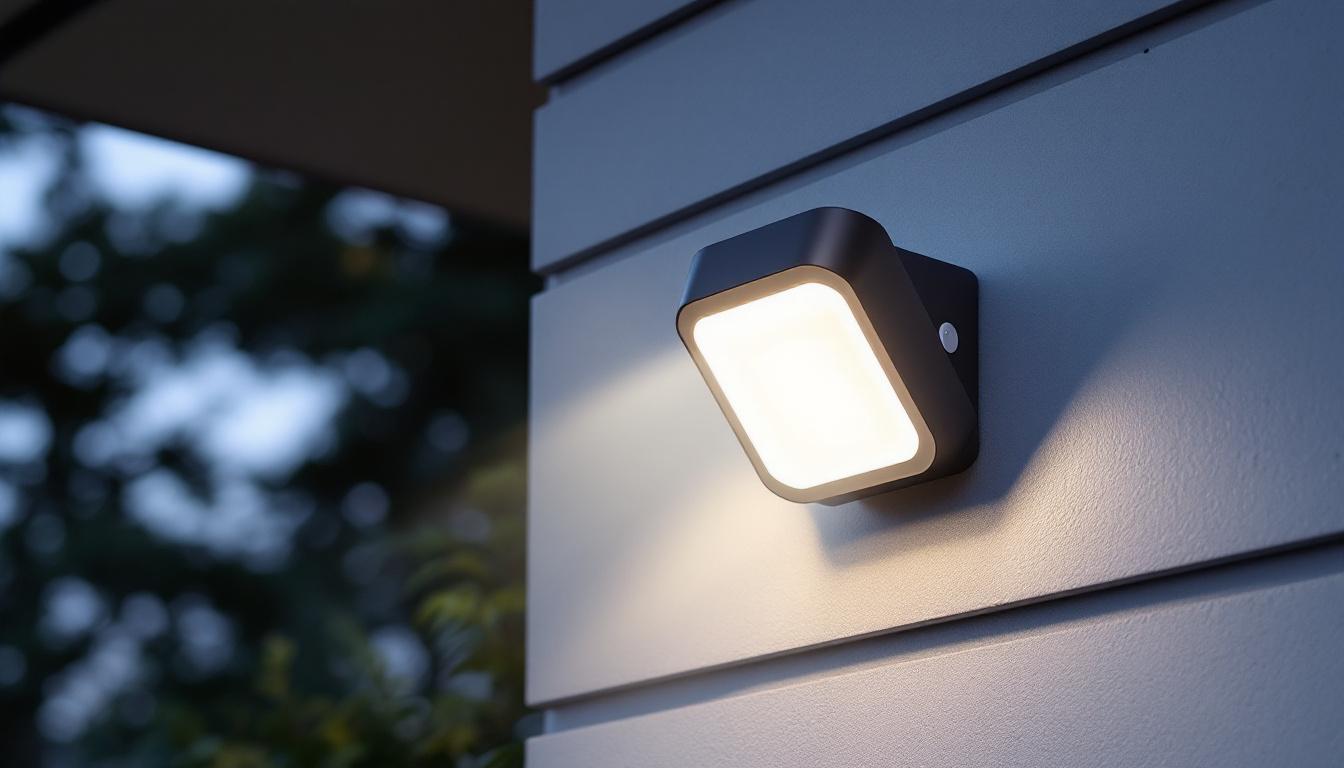 A photograph of a stylish outdoor flush mount motion detector light installed on a modern home exterior