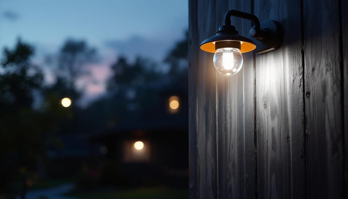 A photograph of a stylish barn light equipped with a motion sensor