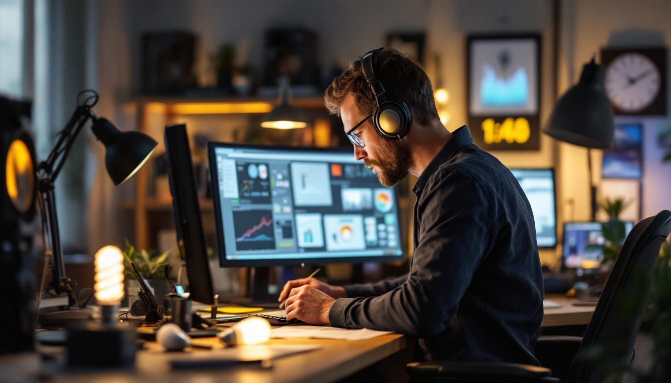 A photograph of a lighting engineer in a modern workspace