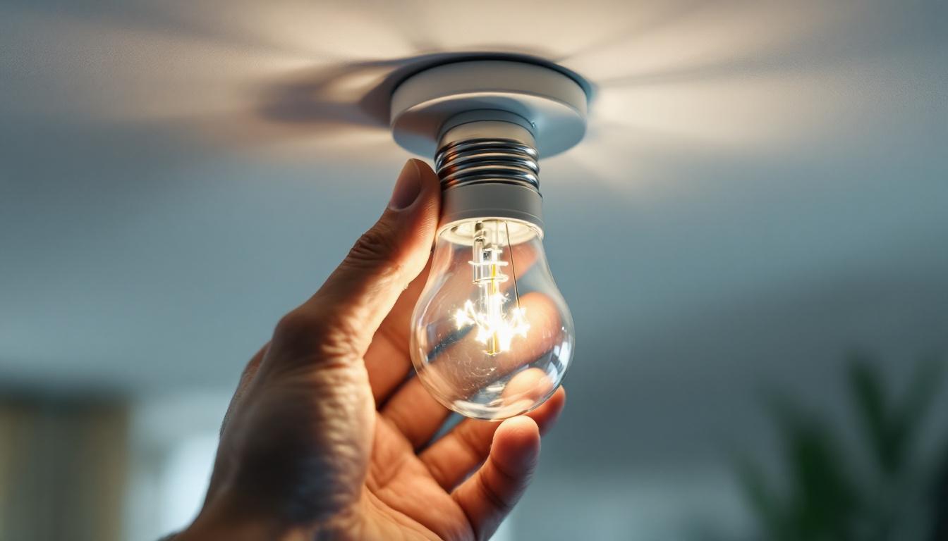 A photograph of a close-up shot of a hand installing an led bulb into a standard light fixture